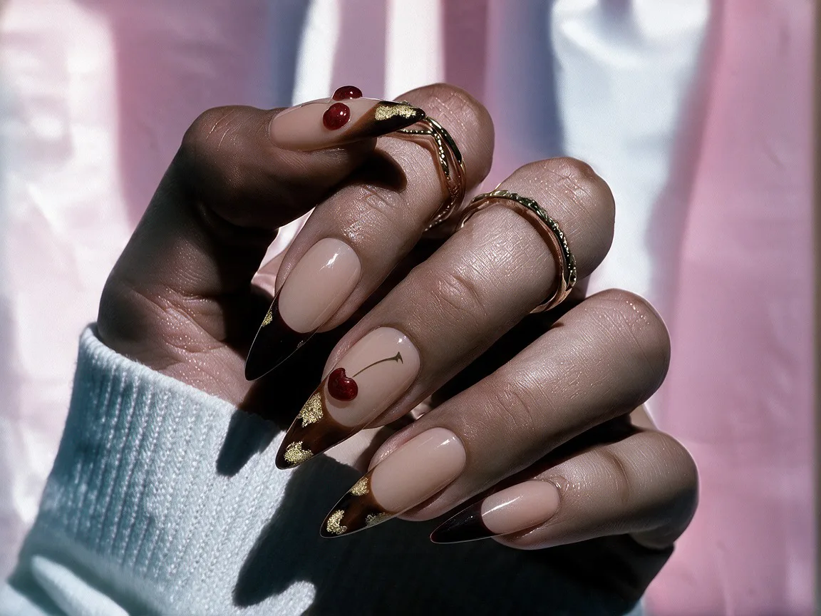 Midnight Cherry Hand Made Press On Stiletto Nails