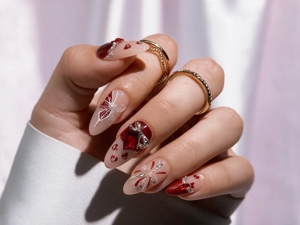 Ruby Romance Hand Made Press On Almond Nails