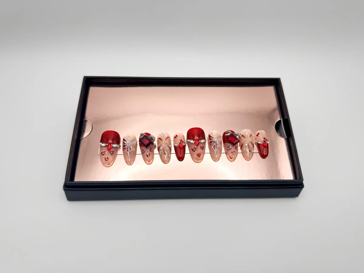 Ruby Romance Hand Made Press On Almond Nails