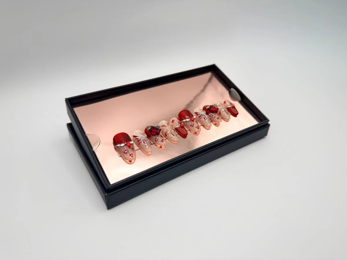 Ruby Romance Hand Made Press On Almond Nails