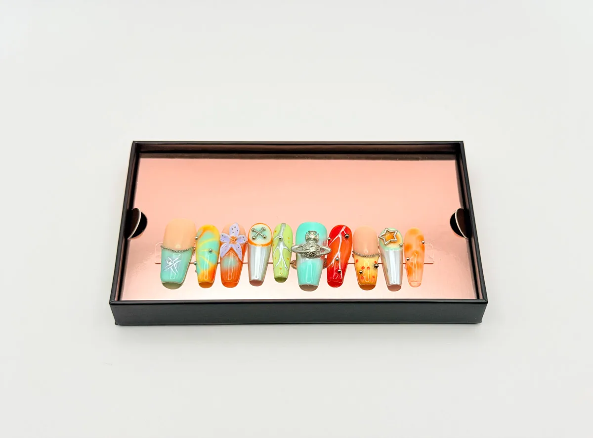 Retro Nebula Hand Made Press On Coffin Nails