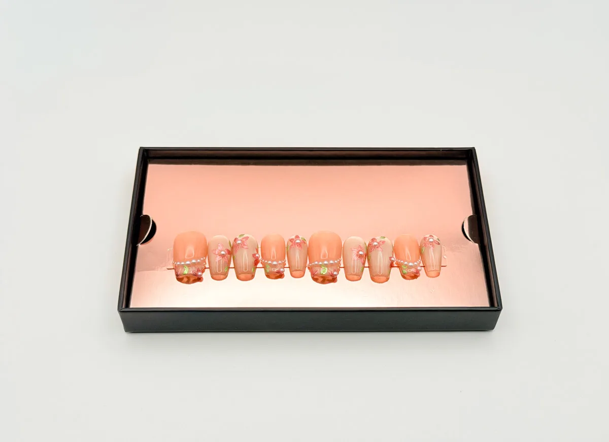 Pearl Glam Hand Made Press On Coffin Nails